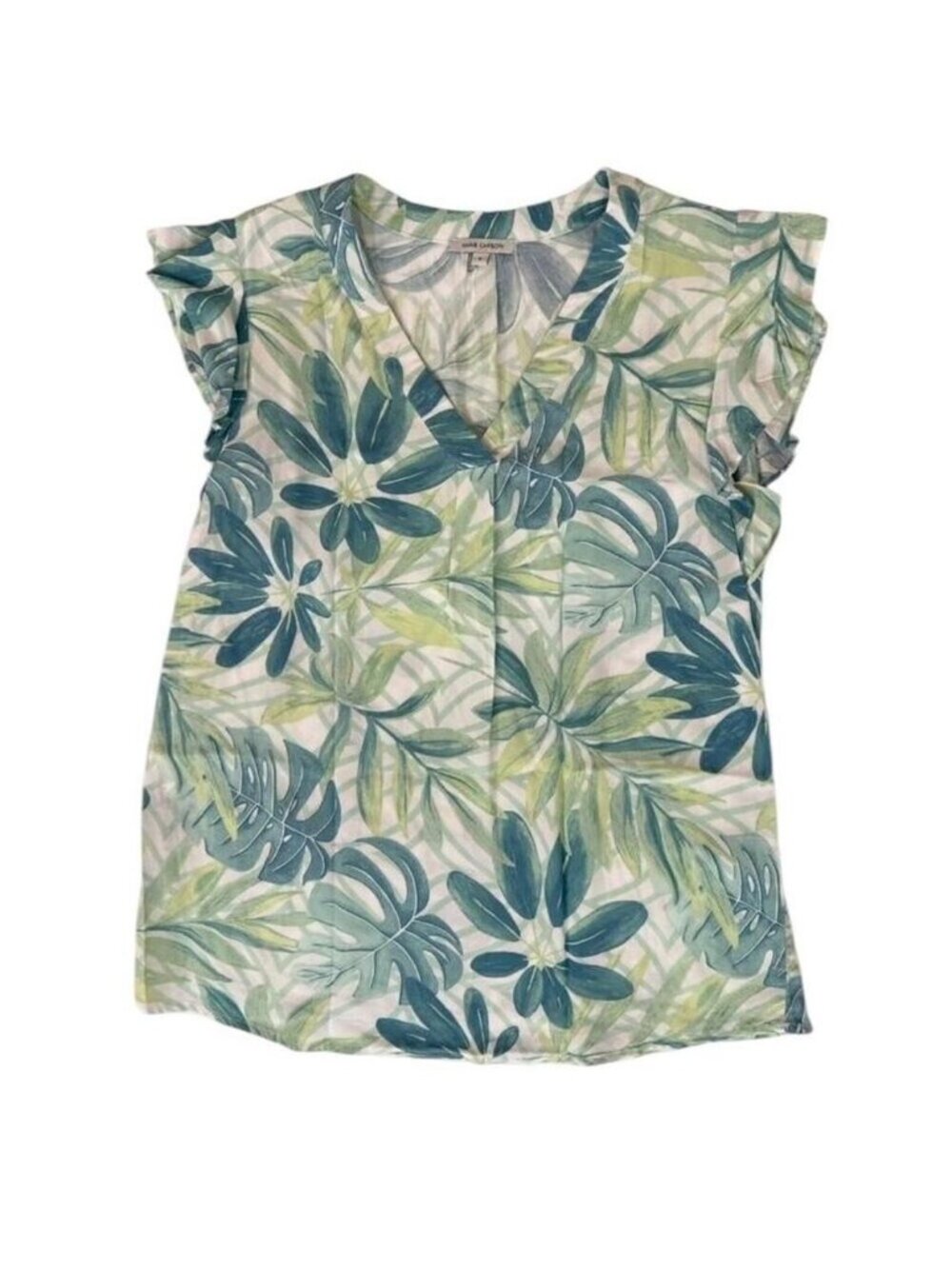 Anne Carson green floral blouse with ruffle sleeves